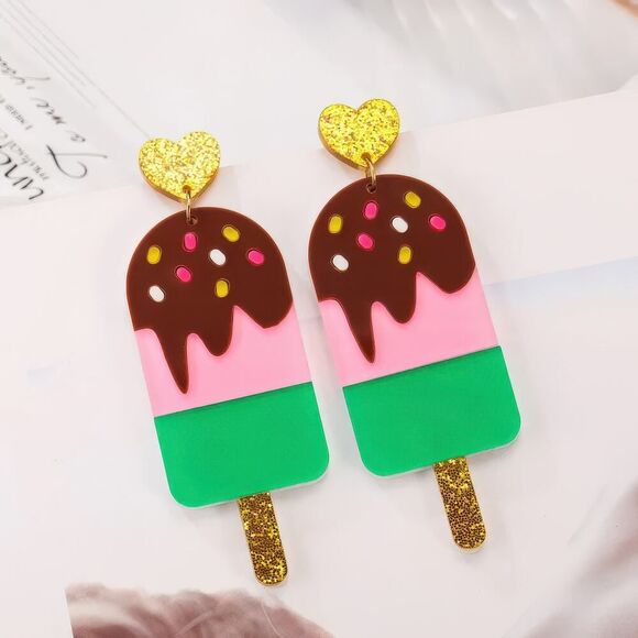 Pink & Green Ice Cream‎ Stick Earrings Gold Accents - Picture 5 of 6